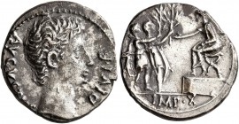 Augustus, 27 BC-AD 14. Denarius (Silver, 18 mm, 3.78 g, 7 h), Lugdunum, 15-13 BC. AVGVSTVS DIVI•F Bare head of Augustus to right. Rev. Two soldiers (D...