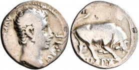 Augustus, 27 BC-AD 14. Denarius (Silver, 17 mm, 3.39 g, 7 h), Lugdunum, 15-13 BC. AVGVSTVS DIVI•F Bare head of Augustus to right. Rev. IMP•X Bull butt...