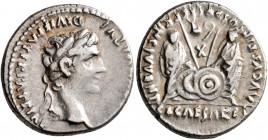 Augustus, 27 BC-AD 14. Denarius (Silver, 18 mm, 3.76 g, 5 h), Lugdunum, 2 BC-4 AD. [CAESAR AVGV]STVS DIVI F PATER PATRIAE Laureate head of Augustus to...