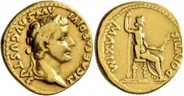 Tiberius, 14-37. Aureus (Gold, 19 mm, 7.52 g, 5 h), Lugdunum, late 20s-early 30s. TI CAESAR DIVI AVG F AVGVSTVS Laureate head of Tiberius to right. Re...