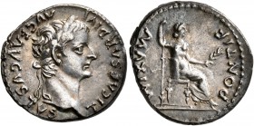 Tiberius, 14-37. Denarius (Silver, 19 mm, 3.67 g, 5 h), Lugdunum. TI CAESAR DIVI AVG F AVGVSTVS Laureate head of Tiberius to right. Rev. PONTIF MAXIM ...