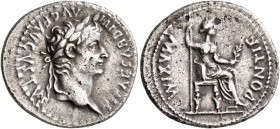 Tiberius, 14-37. Denarius (Silver, 20 mm, 3.63 g, 7 h), Lugdunum. TI CAESAR DIVI AVG F AVGVSTVS Laureate head of Tiberius to right. Rev. PONTIF MAXIM ...