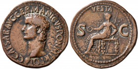 Gaius (Caligula), 37-41. As (Copper, 29 mm, 10.73 g, 7 h), Rome. C CAESAR AVG GERMANICVS PON M TR POT Bare head of Gaius to left. Rev. VESTA / S - C V...