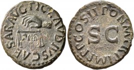 Claudius, 41-54. Quadrans (Copper, 18 mm, 2.79 g, 6 h), Rome, 5 January-31 December 42. TI CLAVDIVS CAESAR AVG Hand to left holding scales; below, P N...