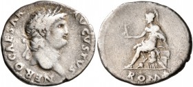 Nero, 54-68. Denarius (Silver, 18 mm, 3.26 g, 6 h), Rome, 64-65. NERO CAESAR AVGVSTVS Laureate head of Nero to right. Rev. ROMA Roma seated to left on...