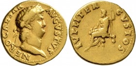 Nero, 54-68. Aureus (Gold, 18 mm, 7.20 g, 5 h), Rome, 67-68. NERO CAESAR AVGVSTVS Laureate head of Nero to right. Rev. IVPPITER CVSTOS Jupiter seated ...