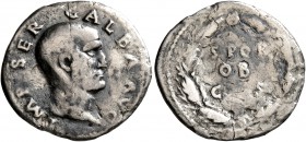 Galba, 68-69. Denarius (Silver, 19 mm, 2.58 g, 6 h), Rome. IMP SER GALBA AVG Bare head of Galba to right. Rev. SPQR / OB / C S in three lines wthin oa...