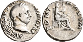 Vitellius, 69. Denarius (Silver, 17 mm, 3.50 g, 6 h), Rome. A VITELLIVS GERM IMP AVG TR P Laureate head of Vitellius to right. Rev. PONT MAXIM Vesta s...