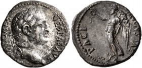 Vespasian, 69-79. Denarius (Silver, 17 mm, 3.60 g, 5 h), Ephesus, 69-70. IMP CAES VESPAS AVG Laureate head of Vespasian to right. Rev. PACI AVGVSTAE V...