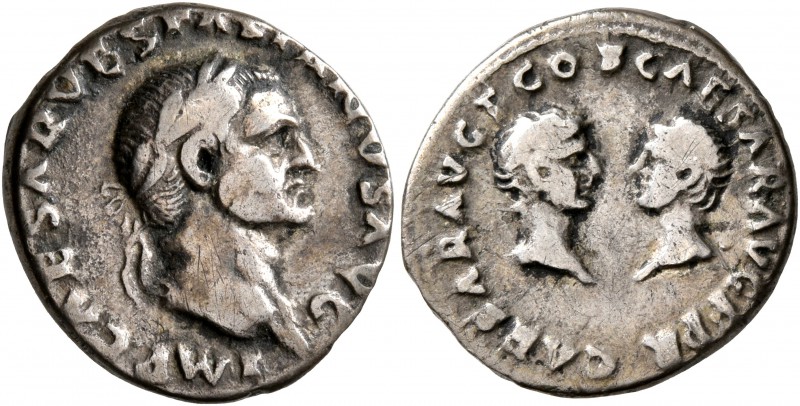 Vespasian, with Titus and Domitian as Caesares. Denarius (Silver, 17 mm, 3.07 g,...