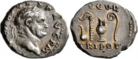 Vespasian, 69-79. Denarius (Silver, 19 mm, 3.54 g, 6 h), Rome, 71. IMP CAES VESP AVG P M Laureate head of Vespasian to right. Rev. AVGVR / TRI POT Sim...