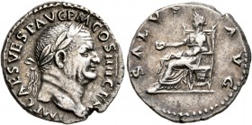 Vespasian, 69-79. Denarius (Silver, 19 mm, 3.43 g, 6 h), Rome, 73. IMP CAES VESP AVG P M COS IIII CEN Laureate head of Vespasian to right. Rev. SALVS ...