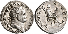 Vespasian, 69-79. Denarius (Silver, 19 mm, 3.36 g, 7 h), Rome, 74. IMP CAESAR VESPASIANVS AVG Laureate head of Vespasian to right. Rev. PON MAX TR P C...