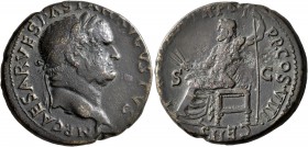 Vespasian, 69-79. As (Orichalcum, 28 mm, 11.69 g, 6 h), Ephesus, 77-78. IMP•CAESAR VESPASIAN AVGVSTVS Laureate head of Vespasian to right. Rev. PONT M...
