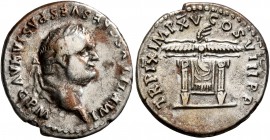 Titus, 79-81. Denarius (Silver, 18 mm, 3.31 g, 6 h), Rome, 80. IMP TITVS CAES VESPASIAN AVG P M Laureate head of Titus to right. Rev. TR P IX IMP XV C...