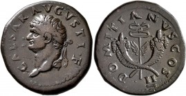 Domitian, as Caesar, 69-81. Dupondius (Copper, 28 mm, 11.97 g, 7 h), Rome or Antiochia, 74. CAESAR AVGVSTI•F Laureate head of Domitian to left. Rev. D...