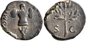 Domitian, 81-96. Quadrans (Copper, 16 mm, 2.37 g, 6 h), Rome, 84-85. [IMP] DOMIT AVG GERM Trophy. Rev. S - C Olive branch. BMC 494. Cohen 545. RIC 247...