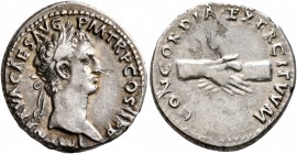 Nerva, 96-98. Denarius (Silver, 18 mm, 3.57 g, 7 h), Rome, 96. IMP NERVA CAES AVG P M TR P COS II P P Laureate head of Nerva to right. Rev. CONCORDIA ...