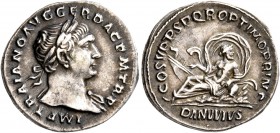 Trajan, 98-117. Denarius (Silver, 18 mm, 3.13 g, 7 h), Rome, 107-108. IMP TRAIANO AVG GER DAC P M TR P Laureate head of Trajan to right, with drapery ...