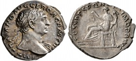 Trajan, 98-117. Denarius (Silver, 19 mm, 3.03 g, 7 h), Rome, circa 108-109. IMP TRAIANO AVG GER DAC P M TR P Laureate head of Trajan to right, with sl...