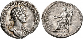 Hadrian, 117-138. Denarius (Silver, 19 mm, 3.54 g, 7 h), Rome, 117. IMP CAES TRAIAN HADRIANO AVG DIVI TRA Laureate head of Hadrian to right, with slig...