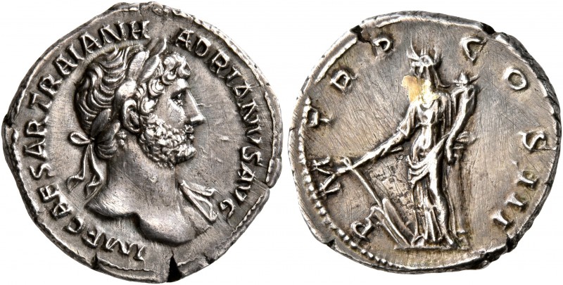 Hadrian, 117-138. Denarius (Silver, 19 mm, 3.32 g, 8 h), Rome, 119-122. IMP CAES...