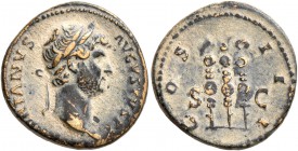 Hadrian, 117-138. Quadrans (Orichalcum, 17 mm, 3.27 g, 7 h), Rome, 125-128. HADRIANVS AVGVSTVS P P Laureate head of Hadrian to right. Rev. COS III / S...