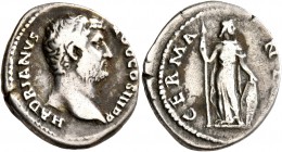 Hadrian, 117-138. Denarius (Silver, 18 mm, 3.18 g, 7 h), Rome, 134-138. HADRIANVS AVG COS III P P Bare head of Hadrian to right. Rev. GERMANIA Germani...