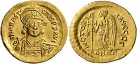 Anastasius I, 491-518. Solidus (Gold, 21 mm, 4.44 g, 7 h), Constantinopolis, 498-518. D N ANASTASIVS P P AVG Pearl-diademed, helmeted and cuirassed bu...
