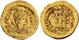 Anastasius I, 491-518. Tremissis (Gold, 15 mm, 1.44 g, 6 h), Constantinopolis. D N ANASTASIVS P P AVG Pearl-diademed, draped and cuirassed bust of Ana...