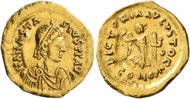 Anastasius I, 491-518. Tremissis (Gold, 15 mm, 1.42 g, 6 h), Constantinopolis. D N ANASTASIVS P P AVG Pearl-diademed, draped, and cuirassed bust of An...
