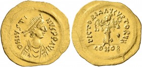 Justin I, 518-527. Tremissis (Gold, 17 mm, 1.50 g, 6 h), Constantinopolis. D N IVSTINVS P P AVI Diademed, draped and cuirassed bust of Justin to right...