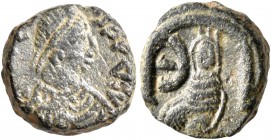 Justin I, 518-527. Pentanummium (Bronze, 11 mm, 1.93 g, 3 h), Antiochia. [D N IVSTIN]VS P P AVG Diademed, draped and cuirassed bust of Justin I to rig...