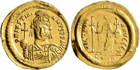 Justinian I, 527-565. Solidus (Gold, 21 mm, 3.48 g, 7 h), Constantinopolis, 538-545. D N IVSTINIANVS P P AVI Helmeted and cuirassed bust of Justinian ...