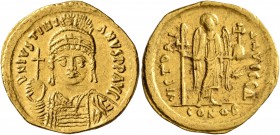 Justinian I, 527-565. Solidus (Gold, 21 mm, 4.33 g, 7 h), Constantinopolis, 545-565. D N IVSTINIANVS P P AVI Helmeted and cuirassed bust of Justinian ...