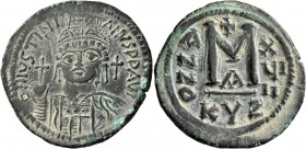 Justinian I, 527-565. Follis (Bronze, 37 mm, 19.71 g, 6 h), Cyzicus, RY 18 = 544/5. D N IVSTINI-ANVS P P AVI Helmeted and cuirassed bust of Justinian ...