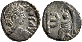 Justinian I, 527-565. Pentanummium (Bronze, 11 mm, 1.38 g, 7 h), Theoupolis (Antiochia). [D N IVSTINIAN]VS P P AVG Diademed, draped, and cuirassed bus...