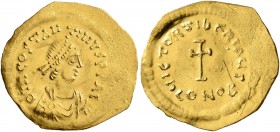 Tiberius II Constantine, 578-582. Tremissis (Gold, 17 mm, 1.39 g, 7 h), Constantinopolis. δm COSTANTINVS P P AG Pearl-diademed, draped and cuirassed b...