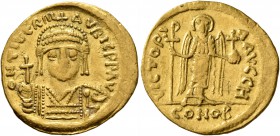 Maurice Tiberius, 582-602. Solidus (Gold, 21 mm, 4.41 g, 6 h), Constantinopolis, 582-583. O N TIbЄR mAVRIC P P AV Draped and cuirassed bust of Maurice...