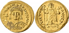 Maurice Tiberius, 582-602. Solidus (Gold, 22 mm, 4.41 g, 7 h), Constantinopolis, 583. O N TIbЄR mAVRIC P P AV Draped and cuirassed bust of Maurice Tib...