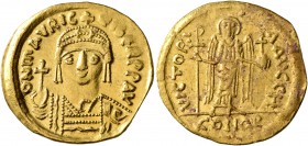 Maurice Tiberius, 582-602. Solidus (Gold, 21 mm, 4.38 g, 6 h), Constantinopolis. D N mAVRIC TIbЄR P P AV Draped and cuirassed bust of Maurice Tiberius...