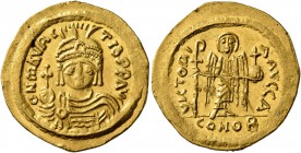 Maurice Tiberius, 582-602. Solidus (Gold, 21 mm, 4.41 g, 7 h), Constantinopolis, 583-601. O N mAVRC TIb P P AVI Draped and cuirassed bust of Maurice T...