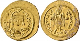 Maurice Tiberius, 582-602. Solidus (Gold, 22 mm, 4.51 g, 6 h), Constantinopolis, 583-601. O N mAVRC TIb P P AVG Draped and cuirassed bust of Maurice T...
