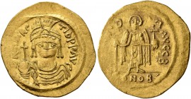 Maurice Tiberius, 582-602. Solidus (Gold, 22 mm, 4.35 g, 7 h), Constantinopolis, 583-601. O N mAVRC TIb P P AVI Draped and cuirassed bust of Maurice T...