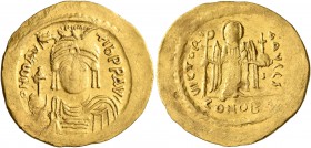 Maurice Tiberius, 582-602. Solidus (Gold, 23 mm, 4.28 g, 6 h), Constantinopolis, 583-601. O N mAVRC TIb P P AVI Draped and cuirassed bust of Maurice T...