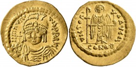 Maurice Tiberius, 582-602. Solidus (Gold, 22 mm, 4.33 g, 7 h), Theoupolis (Antiochia). O N mAVRC TIb P P AVG Draped and cuirassed bust of Maurice Tibe...