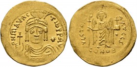 Maurice Tiberius, 582-602. Light weight Solidus of 23 Siliquae (Gold, 21 mm, 4.31 g, 7 h), Theoupolis (Antiochia). O N mAVRC TIb P P AVG Draped and cu...