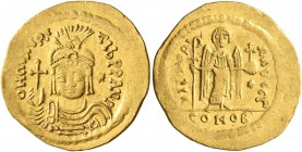 Maurice Tiberius, 582-602. Light weight Solidus of 23 Siliquae (Gold, 22 mm, 4.27 g, 7 h), Theoupolis (Antiochia). O N mAVRC TIb P P AVG Draped and cu...