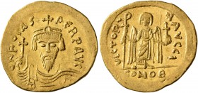 Phocas, 602-610. Solidus (Gold, 21 mm, 4.49 g, 7 h), Constantinopolis, 603-607. O N FOCAS PЄRP AVG Draped and cuirassed bust of Phocas facing, wearing...