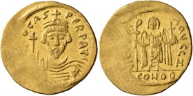 Phocas, 602-610. Solidus (Gold, 21 mm, 4.44 g, 7 h), Constantinopolis, 603-607. [O N F]OCAS PЄRP AVG Draped and cuirassed bust of Phocas facing, weari...